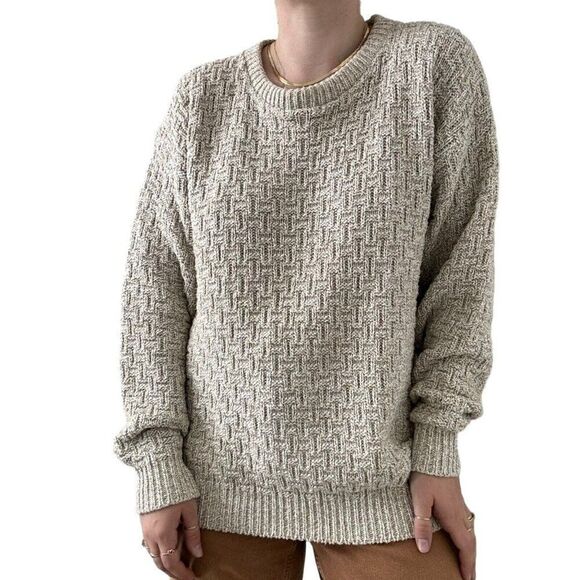 Vintage 1990s Eddie Bauer Beige Tan Crewneck Chunky Cotton Sweater Made in USA - Picture 2 of 8